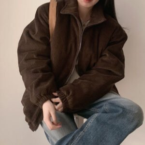 Lapel Sunken Stripe Design Loose Corduroy Cotton-padded Short Coat For Women