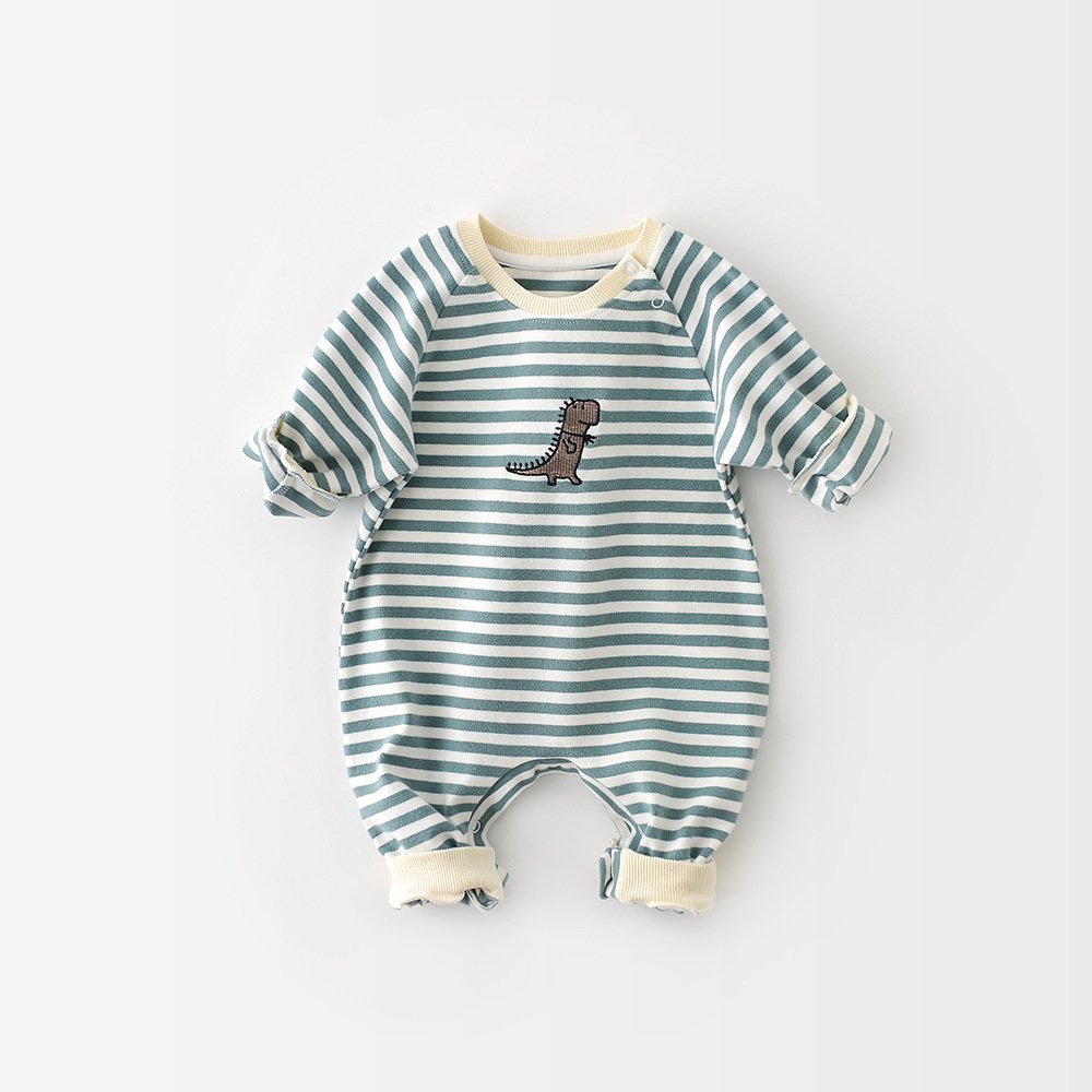 Male And Female Baby Cartoon Striped Dinosaur Embroidery Long-Sleeved Jumpsuit - Image 4