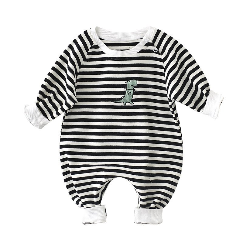 Male And Female Baby Cartoon Striped Dinosaur Embroidery Long-Sleeved Jumpsuit - Image 5