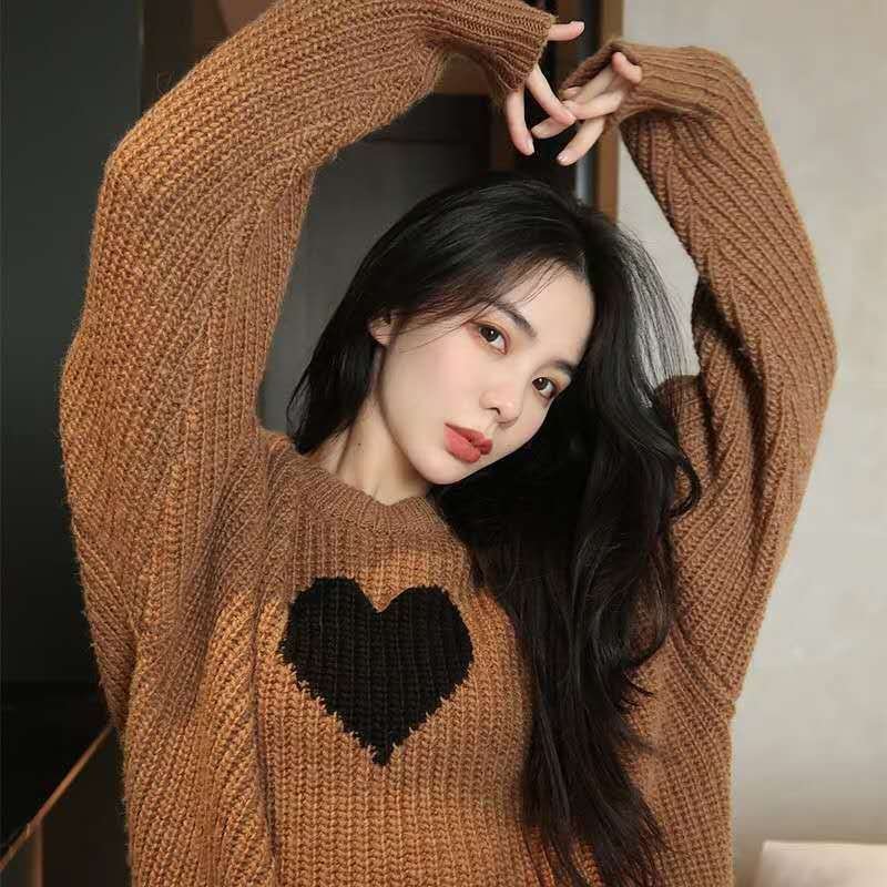 Casual Outer Wear Love Loose Sweater Women Round Neck Pullover Knit Top - Image 3