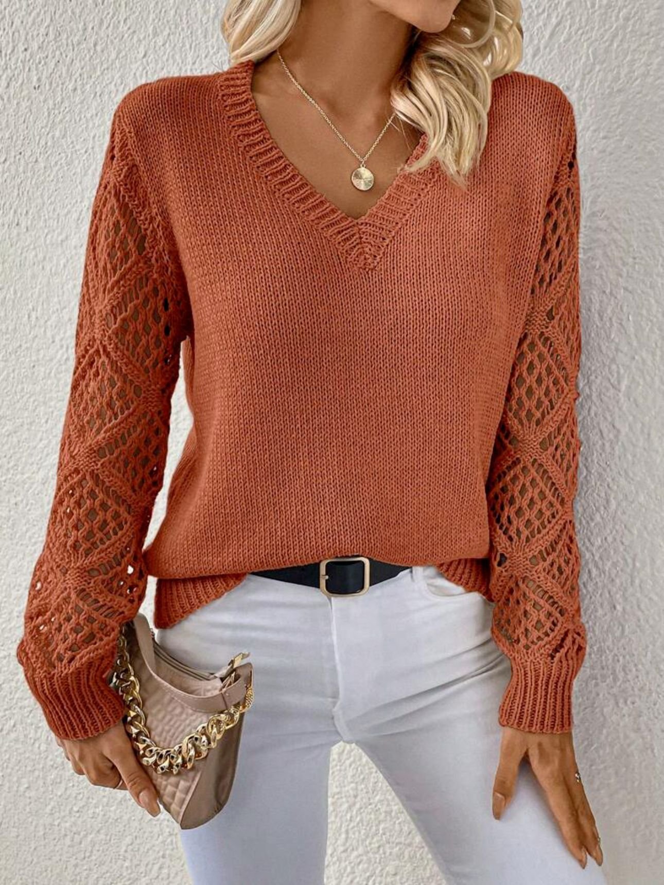 Solid V-neck Pullover Sweater For Women Clothing - Image 4