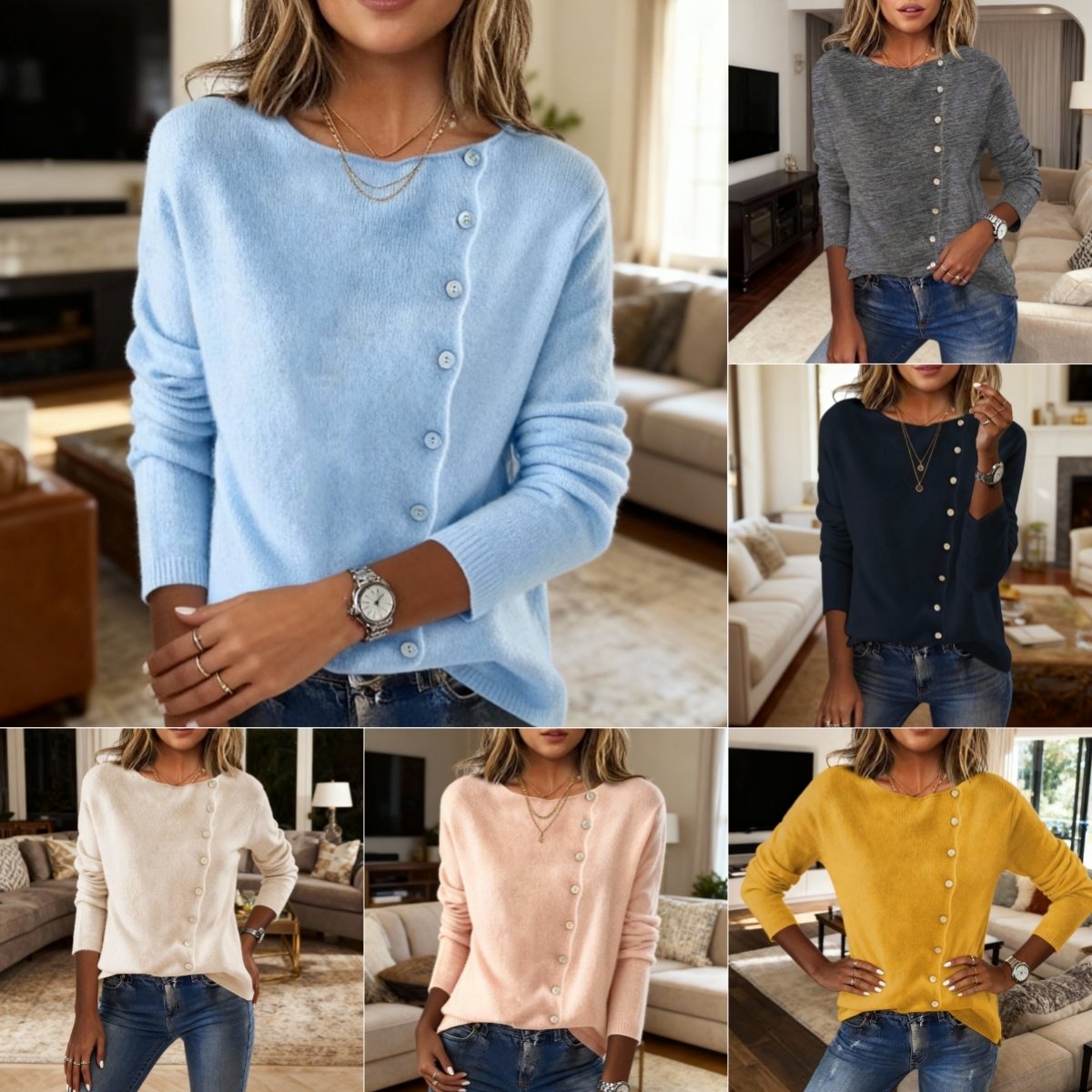 Elegant Round Neck Long Sleeve Button Sweater For Women