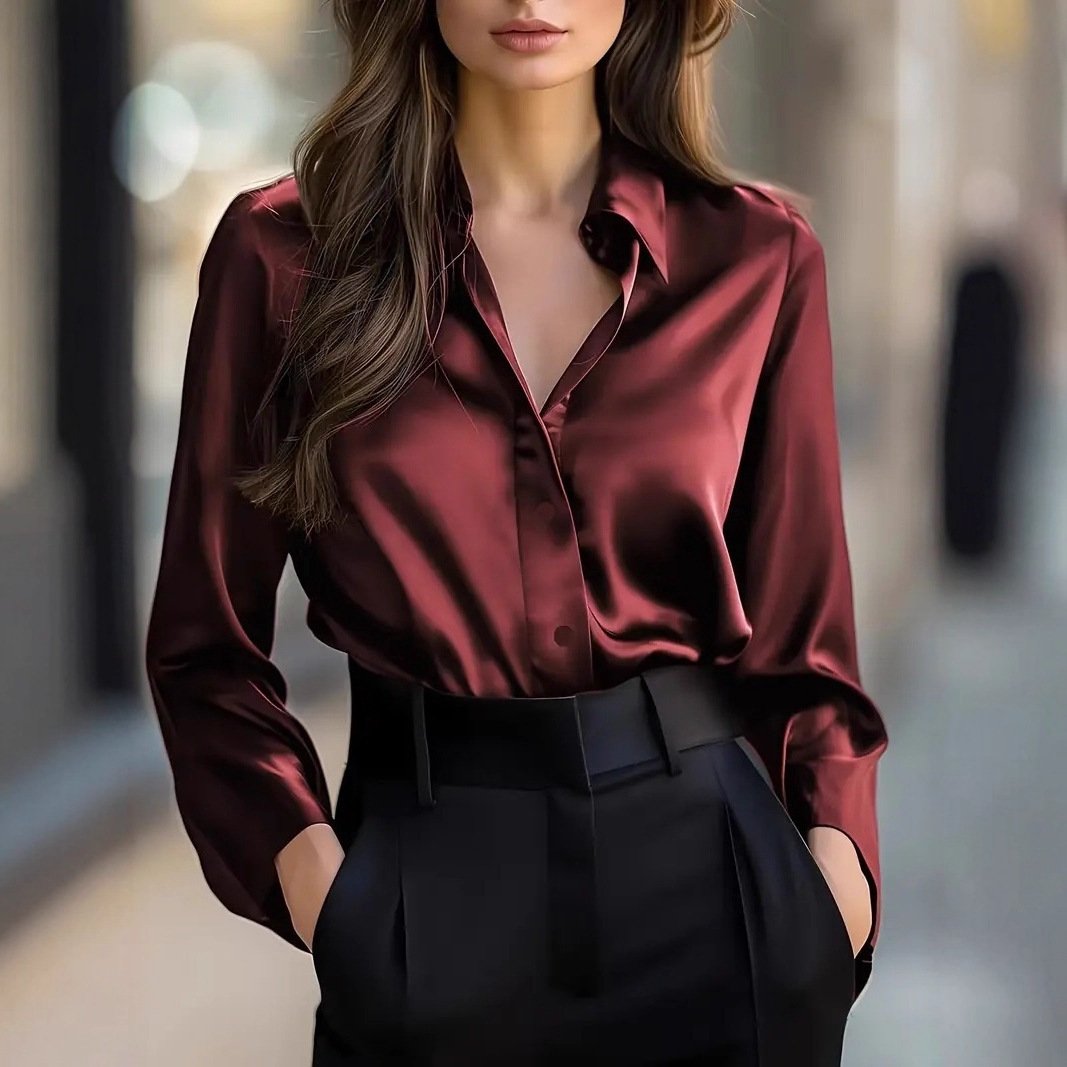 Elegant Satin Long Sleeve Blouse For Women - Image 3