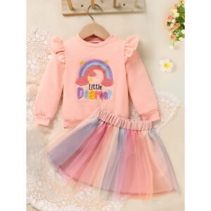 Baby Girls Rainbow Skirt Set Letters Embroidery Long Sleeve Sweatshirt Tops