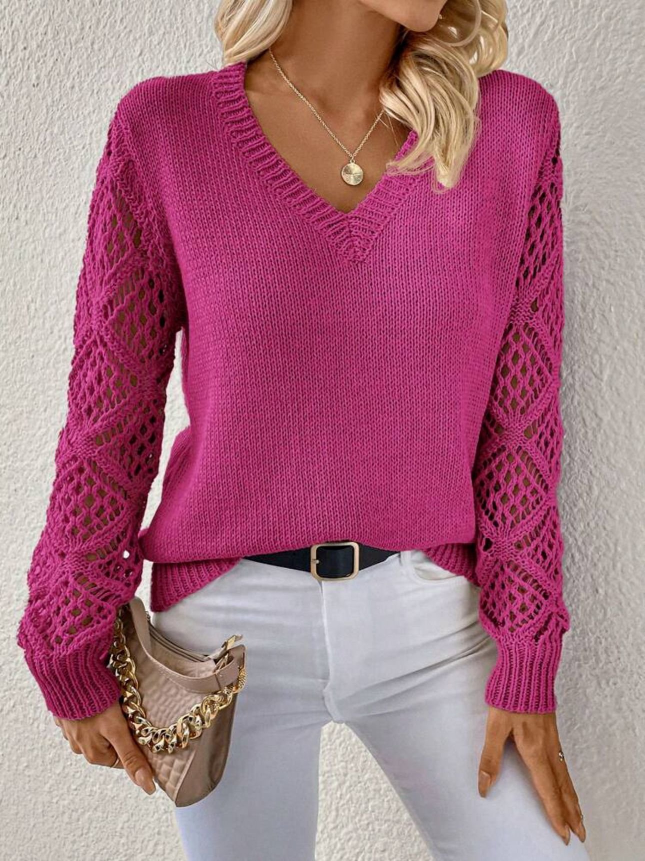Solid V-neck Pullover Sweater For Women Clothing - Image 7