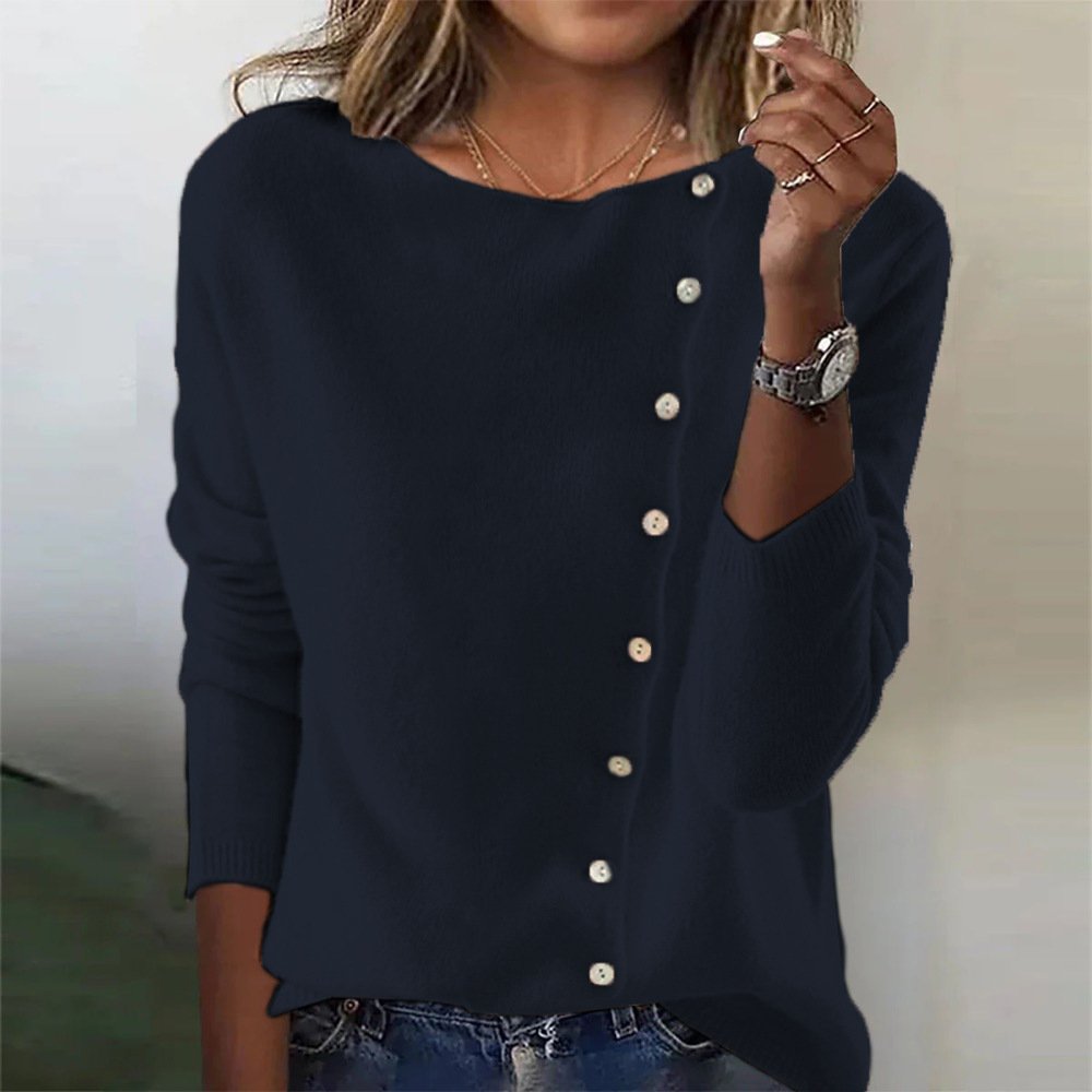 Elegant Round Neck Long Sleeve Button Sweater For Women - Image 5