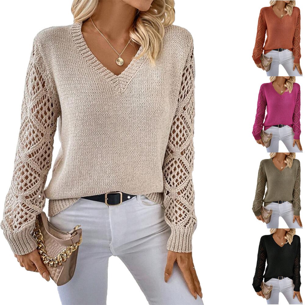 Solid V-neck Pullover Sweater For Women Clothing