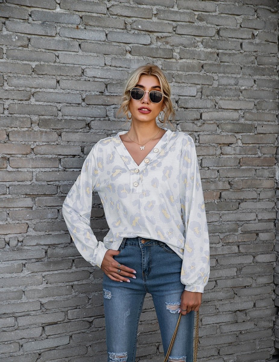 Leopard Print V-neck T-shirt Fashion Loose Long Sleeve Tops For Women Clothing - Image 4