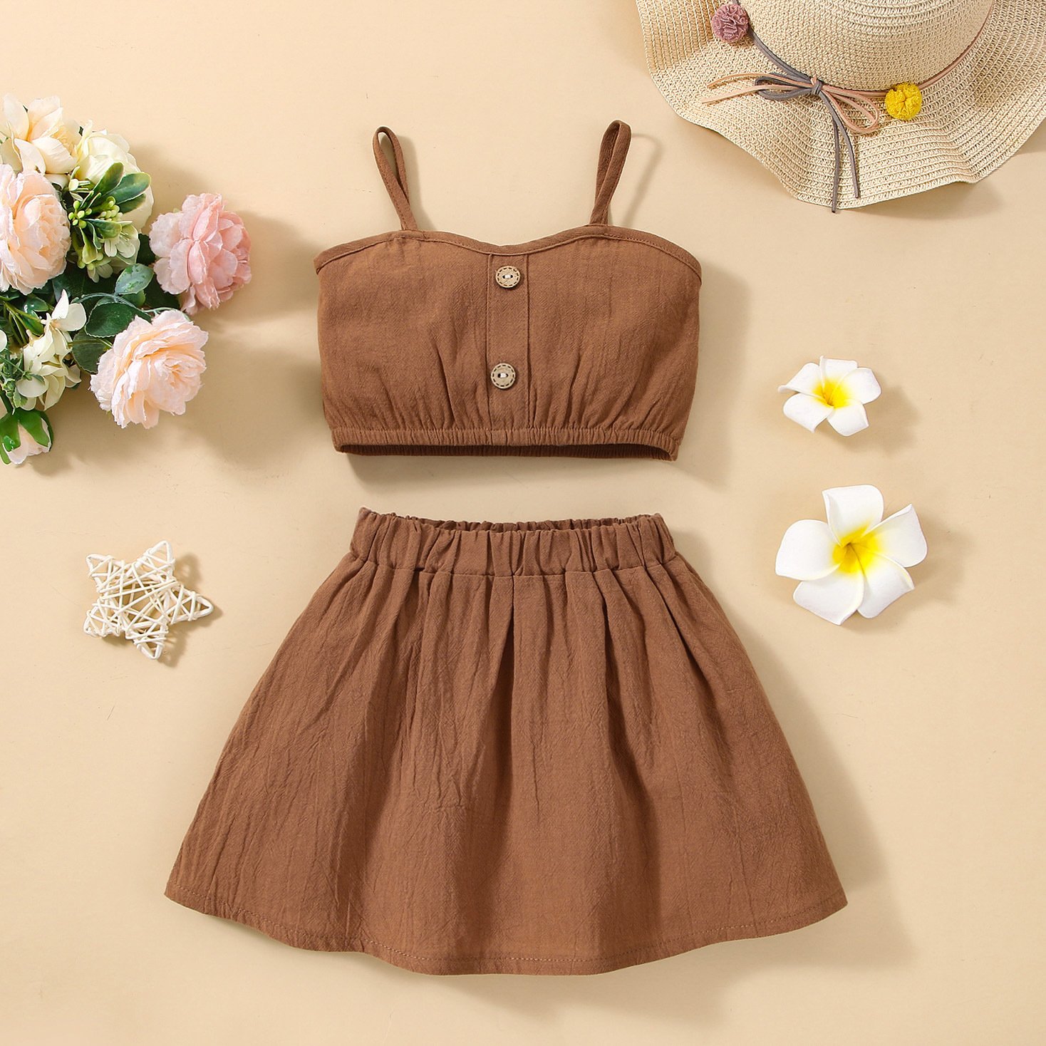 Solid Color Sling Decoration Wooden Buckle Skirt Outfit