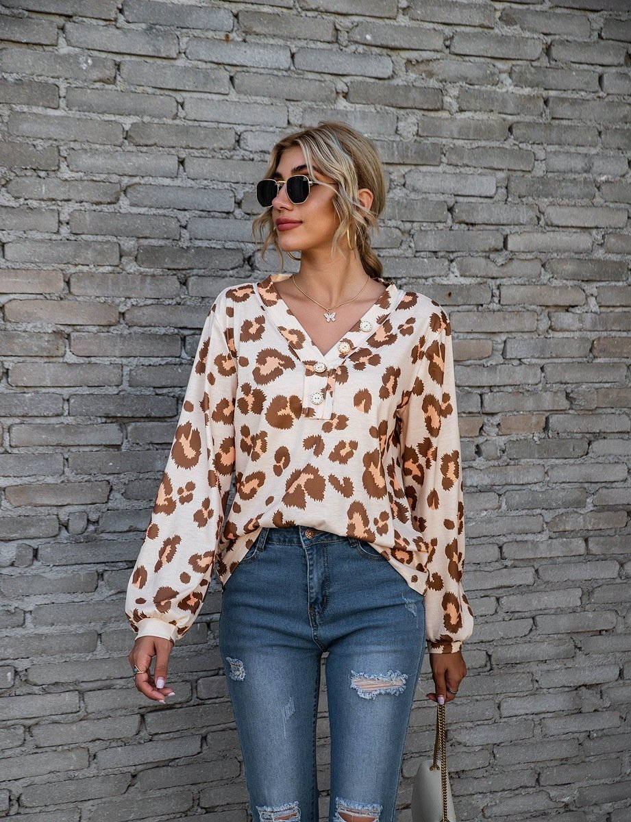 Leopard Print V-neck T-shirt Fashion Loose Long Sleeve Tops For Women Clothing - Image 7