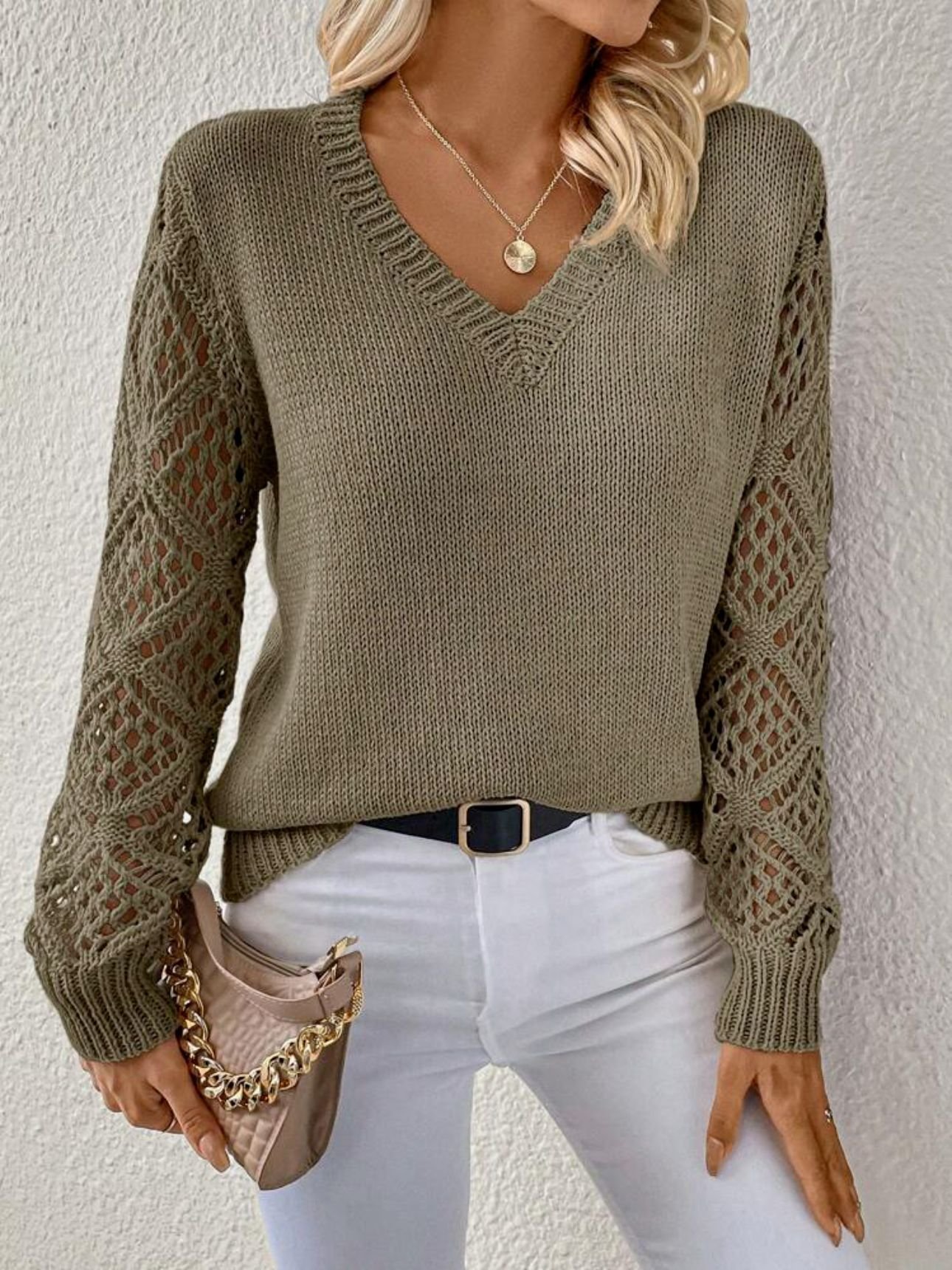 Solid V-neck Pullover Sweater For Women Clothing - Image 8