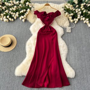 Ruffled Patchwork Waist-slimming High Slit Long Cocktail Party Dress