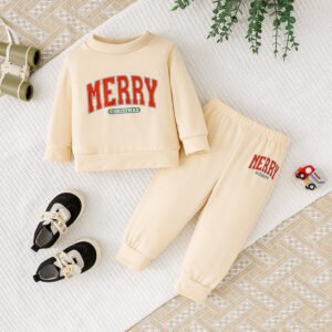 Baby Girls 2Pcs Christmas Outfits MERRY Christmas Letter Print Round Neck Long Sleeve Sweatshirt