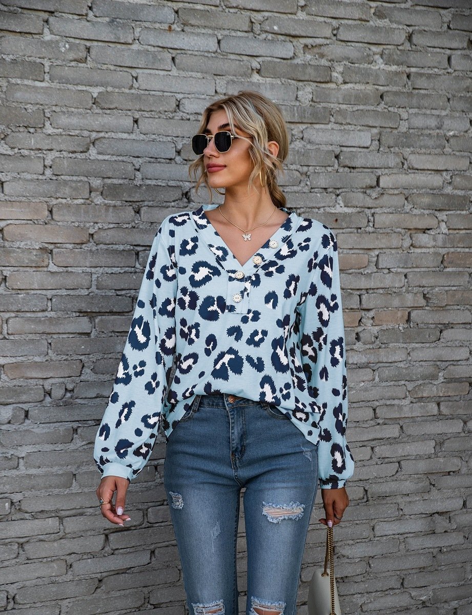 Leopard Print V-neck T-shirt Fashion Loose Long Sleeve Tops For Women Clothing - Image 9