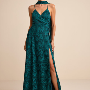 Mahira Emerald Satin Jacquard Surplice Sash Scarf Maxi Dress