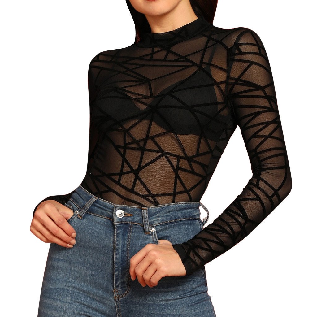 Sexy Women Blouses Transparent Mesh Long Sleeve Tops Tee - Image 4