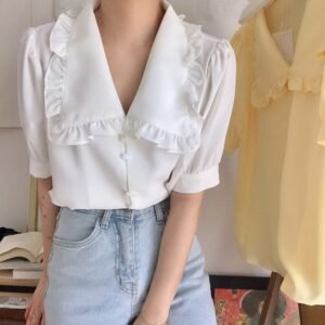 Sweet Short White Chiffon Blouse Women Ruffled Slim Women Shirt Tops Korean