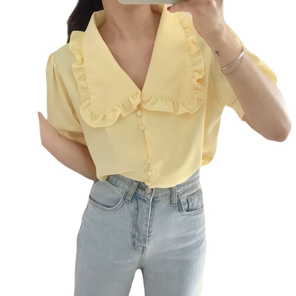 Sweet Short White Chiffon Blouse Women Ruffled Slim Women Shirt Tops Korean - Image 2