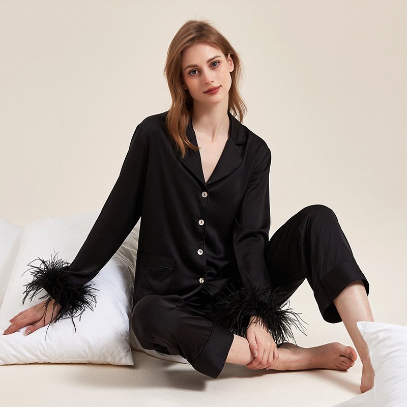 Removable Feather Ice Silk Pajamas Women Ostrich Feather Home Wear Suit - Image 7