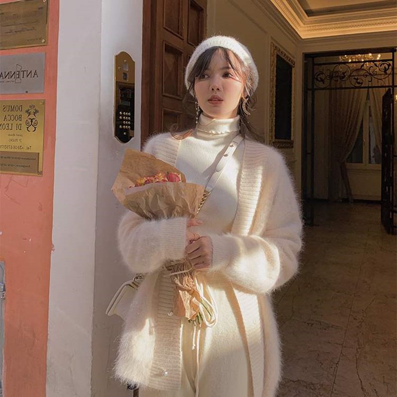 Mink Fleece Collar Sweater Coat Women White Outer Wear Loose And Lazy - Image 5