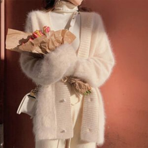 Mink Fleece Collar Sweater Coat Women White Outer Wear Loose And Lazy