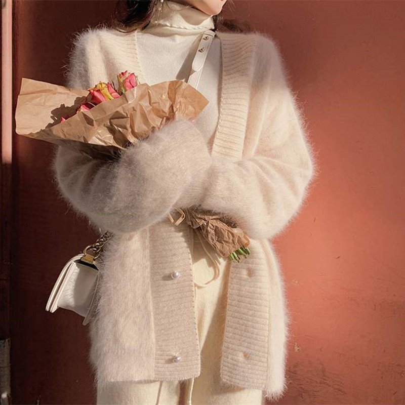 Mink Fleece Collar Sweater Coat Women White Outer Wear Loose And Lazy