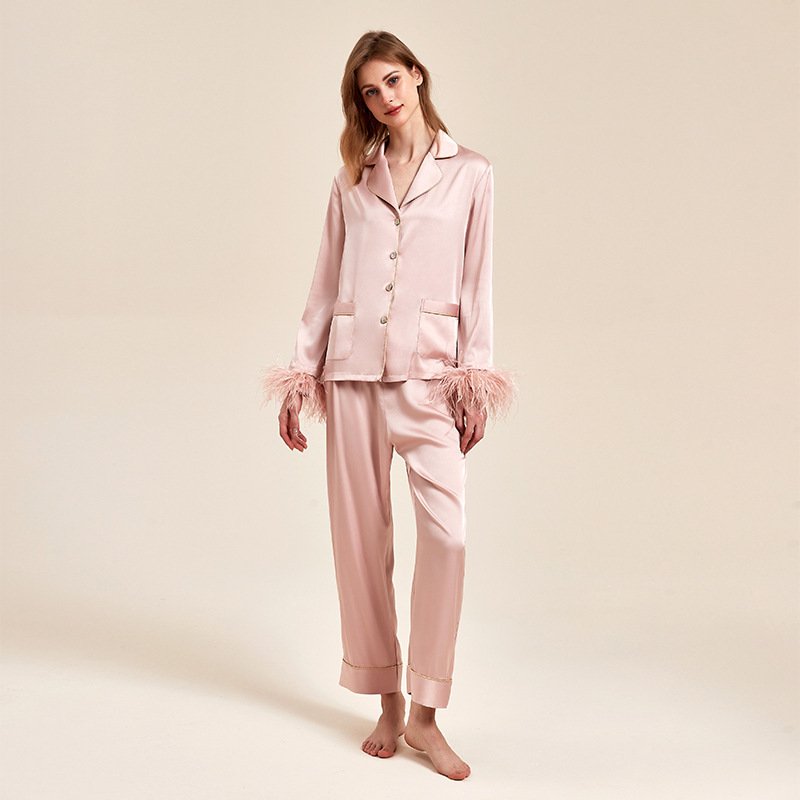 Removable Feather Ice Silk Pajamas Women Ostrich Feather Home Wear Suit - Image 9