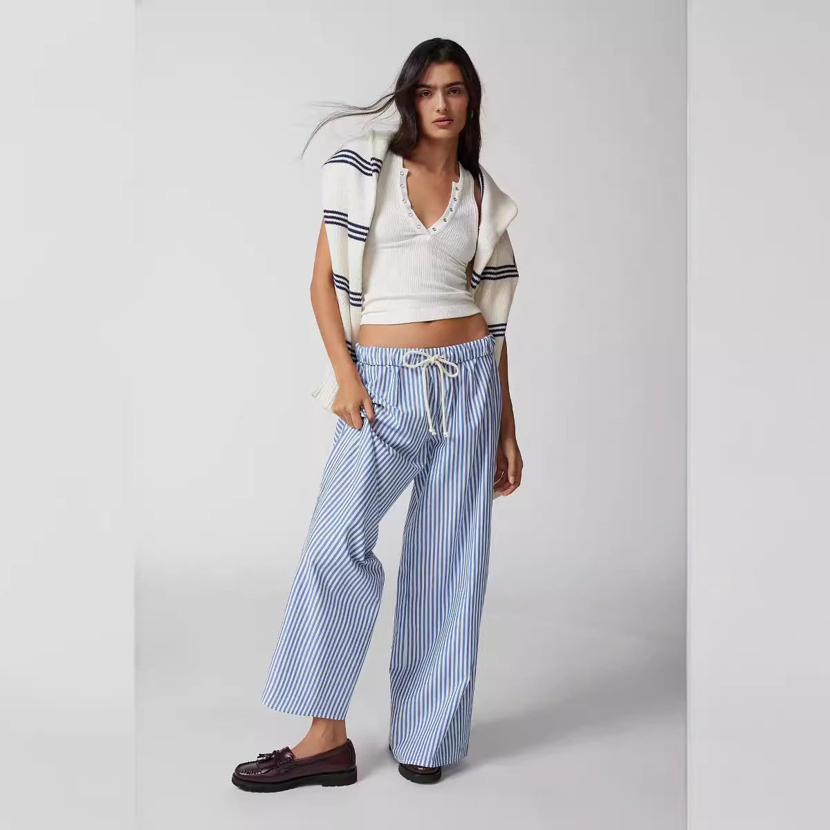 Fashion Women's Wear Striped Drawstring Wide-leg Pants For Women - Image 4
