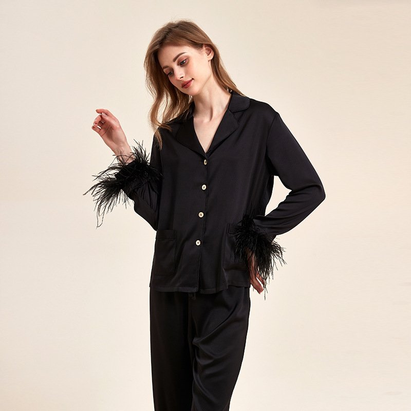 Removable Feather Ice Silk Pajamas Women Ostrich Feather Home Wear Suit - Image 5