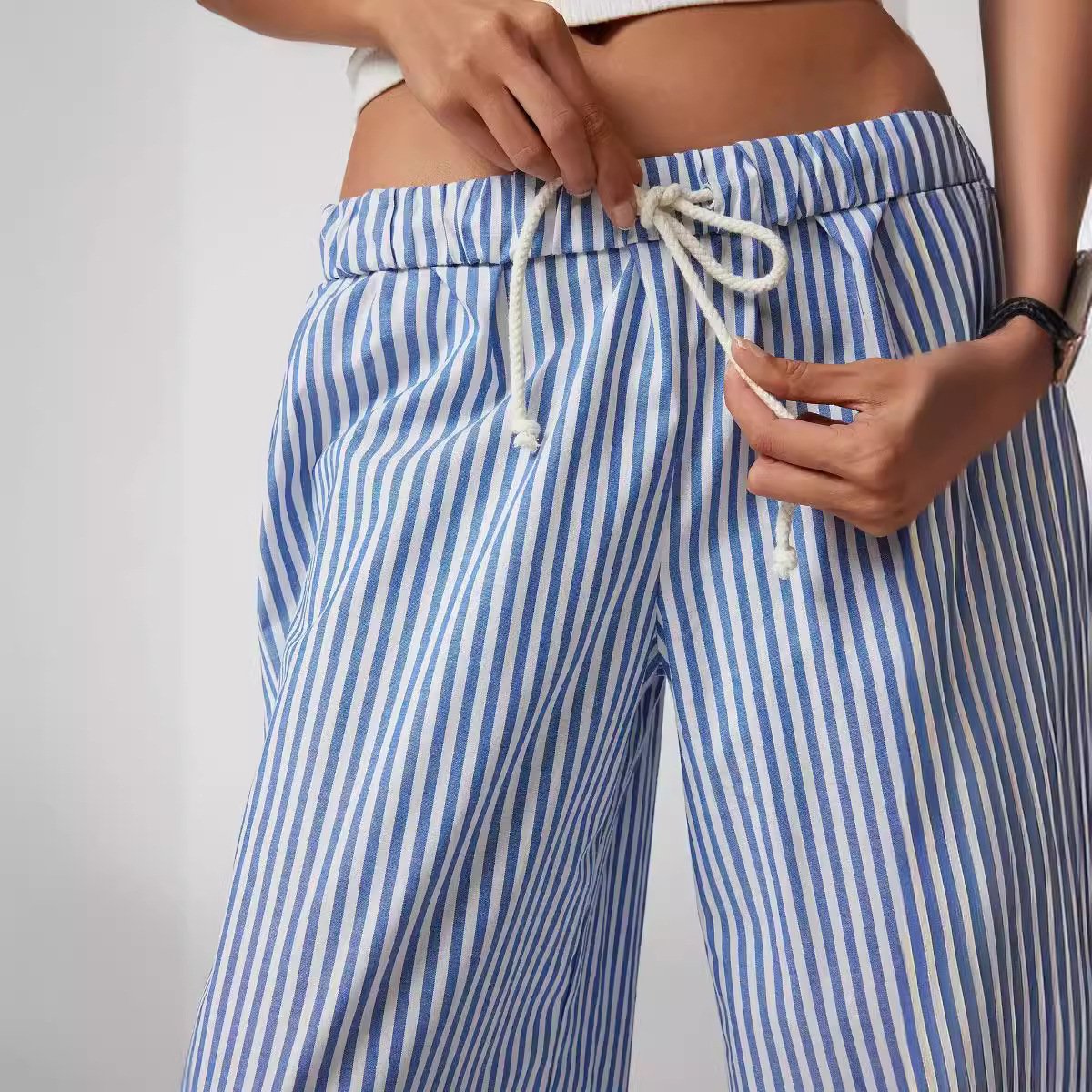 Fashion Women's Wear Striped Drawstring Wide-leg Pants For Women - Image 5