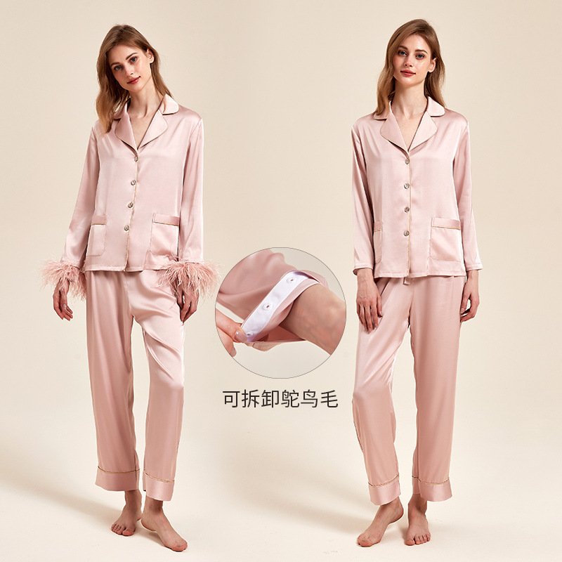 Removable Feather Ice Silk Pajamas Women Ostrich Feather Home Wear Suit - Image 8