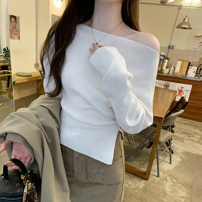 Off-shoulder Western Style Inner Wear Slim Knit Bottoming Shirt For Women - Image 2
