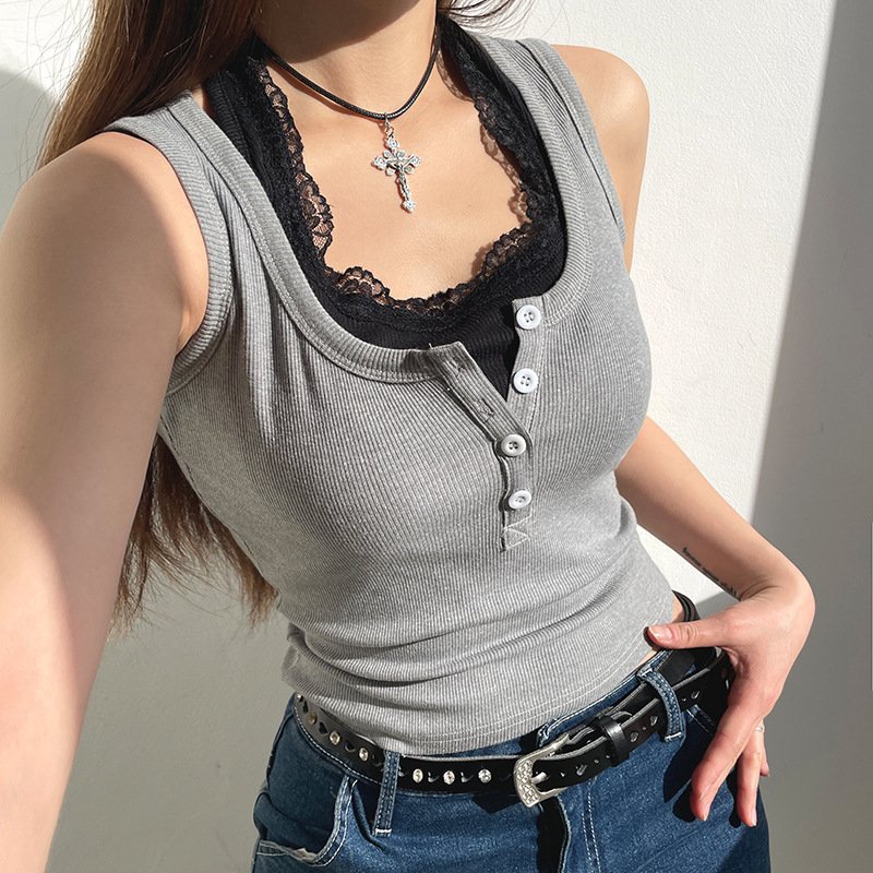 American Hot Girl Wear Lace Fake Two-piece Vest For Women - Image 10