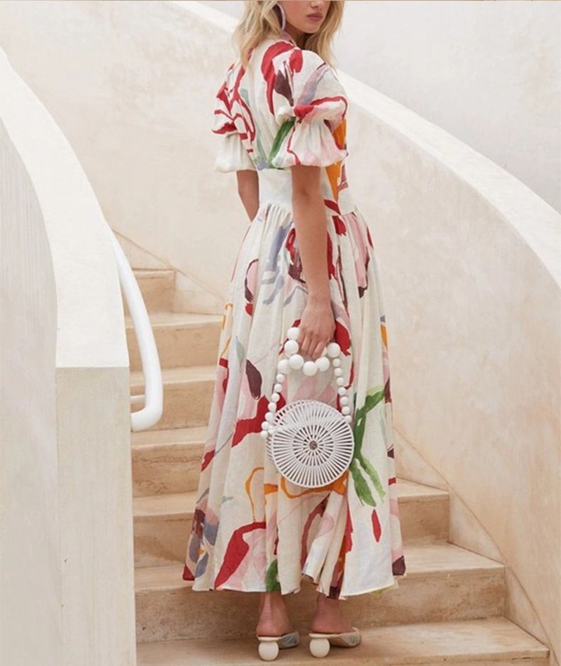 Print Dresses For Women Summer V-neck Button Short Sleeve Dress - Image 5