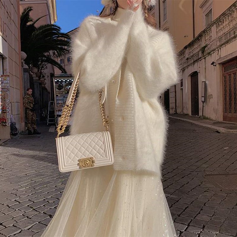 Mink Fleece Collar Sweater Coat Women White Outer Wear Loose And Lazy - Image 4