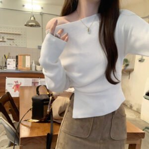 Off-shoulder Western Style Inner Wear Slim Knit Bottoming Shirt For Women